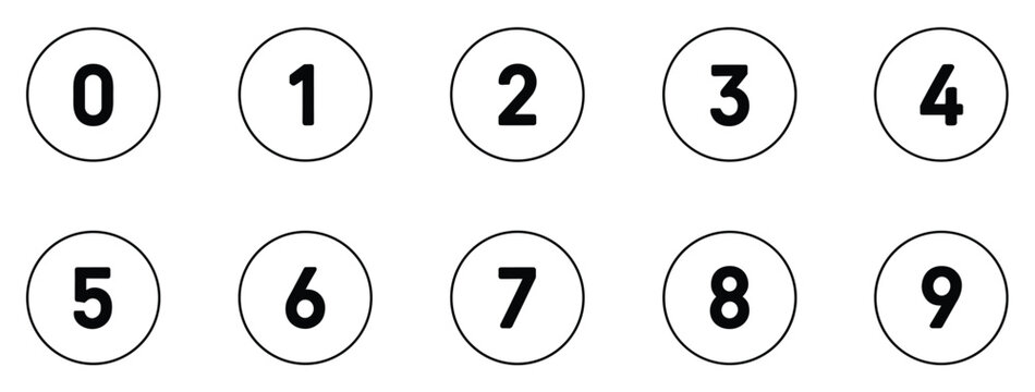 Numbers Zero to Nine: A clean and simple display of numerals from 0 to 9 within circular frames. learning tool, counting aid, mathematical concept, education element, sequential order.