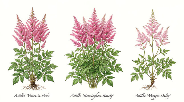 Artistic botanical study of pink astilbe flowers and green leaves with white background botanical illustration scientific detailed herbaceous perennial ornamental