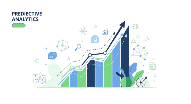 A graphic illustration shows a rising bar chart with various predictive analytics symbols around it.