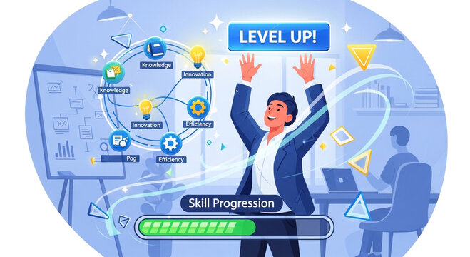 Businessman Celebrating Level Up Achievement with Skill Progression Bar and Knowledge Network Concept