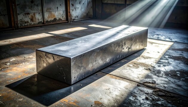 A large, heavy block of raw lead material positioned on a scuffed industrial floor with dramatic sunlight.