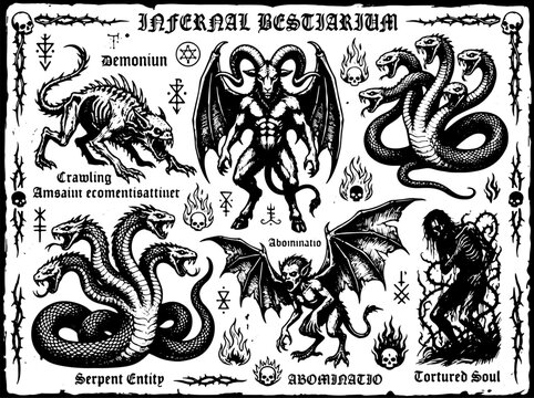 A collection of demonic creatures and monsters, including a demon, dragons, and a tortured soul, with gothic text and symbols.