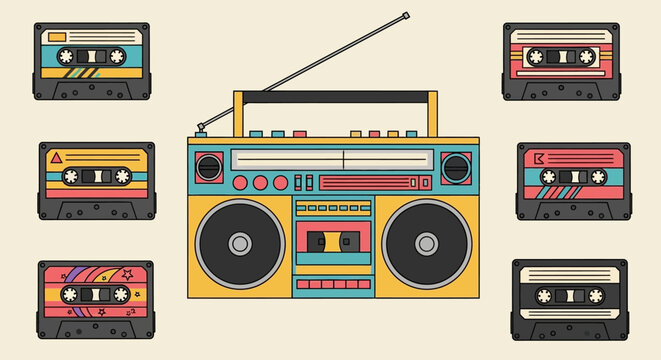 Retro colorful boombox and cassette tapes.