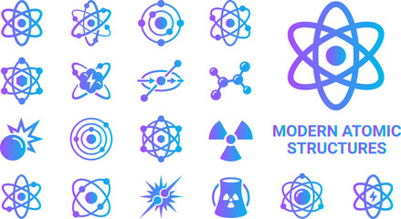 Modern atomic structures and science icons representing molecules atoms and nuclear energy abstract futuristic. © FahimBD