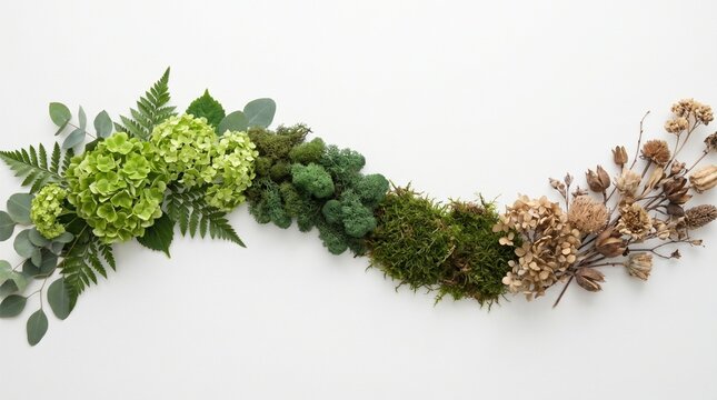 Untitled Minimalist flat lay of green hydrangea and moss fading into dried brown flowers, life cycle and neurodiversity conceptesign 
