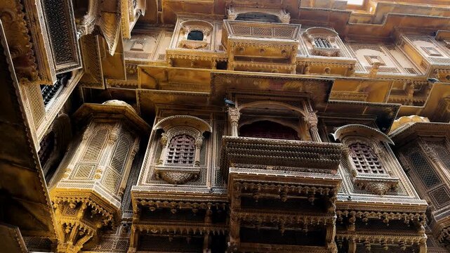 Jaisalmer, India. Intricate Architectural Detail of Historic Palace with Ornate Facades and Warm Hues Showcasing Masterful Craftsmanship in a Majestic Setting