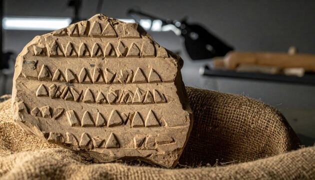 Fragment of an Ancient Cuneiform Clay Tablet Showing Meticulously Pressed Wedge-Shaped Markings.