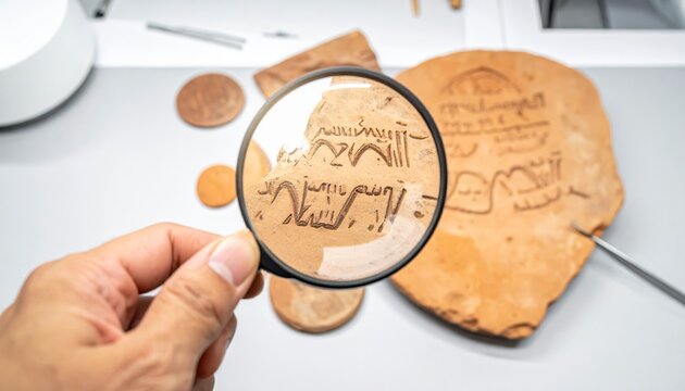 Hand holding magnifying glass over ancient Ugaritic clay tablet with cuneiform inscriptions, detailing historical research