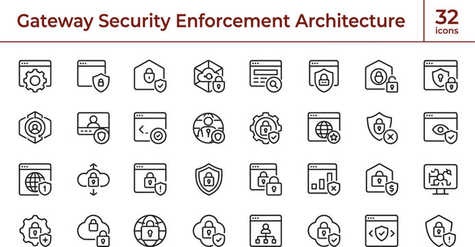 Gateway Security Enforcement Architecture Line Icon Set Featuring Network Protection and Access Control Management Systems