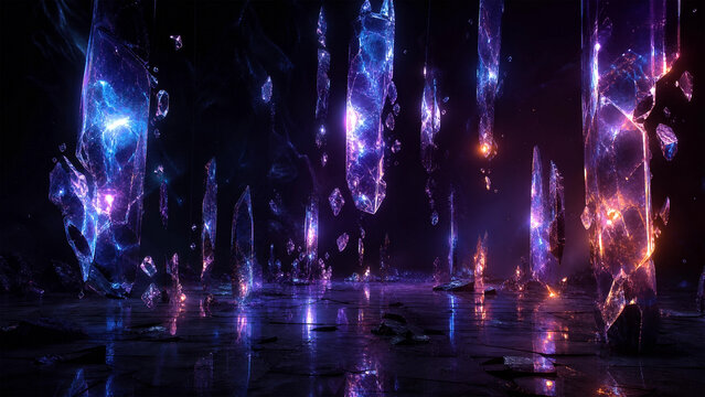 Surreal glowing purple and blue crystalline structures hovering over a reflective dark surface