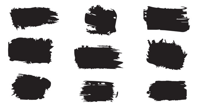 Black grunge brush stroke set. Rough ink paint blocks and redacted censorship bars. Vector design assets.