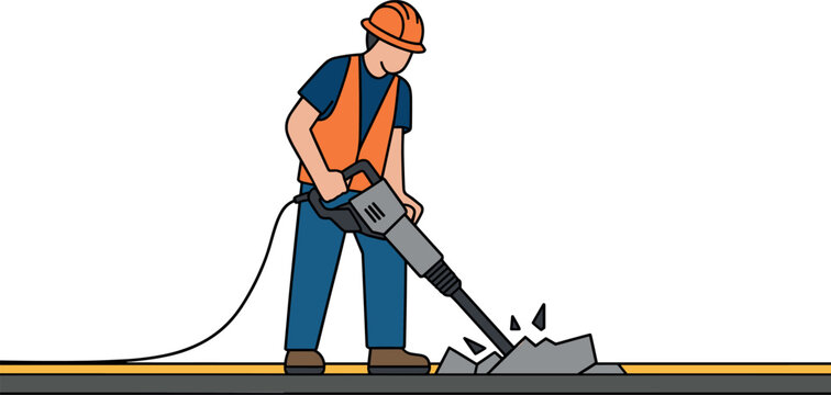 Construction worker using pneumatic jackhammer to break asphalt road surface for pavement repair, urban maintenance, and infrastructure development projects.