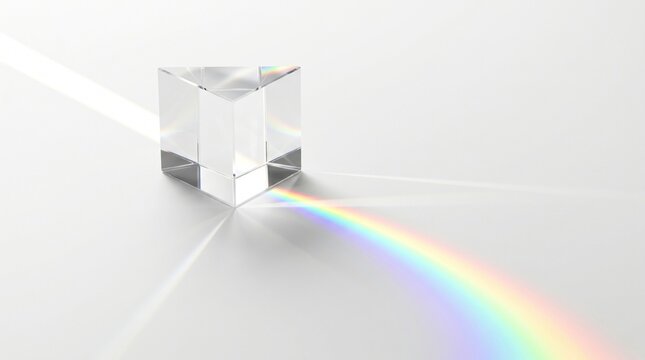 Crystal glass prism splitting white light into rainbow spectrum on clean white studio background