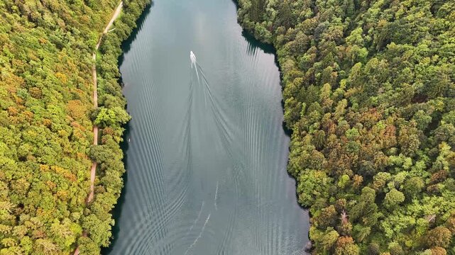 Aerial view of Levico Lake in Trentino, Italy