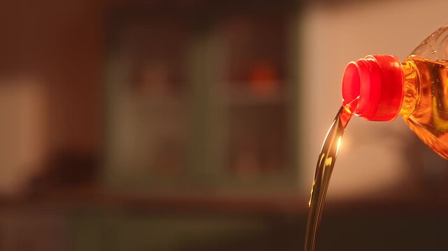 Close up of vegetable oil pouring from plastic bottle in warm kitchen light. Cooking ingredient concept with golden liquid stream, suitable for cooking at home, in a restaurant or cafe, healthy eating