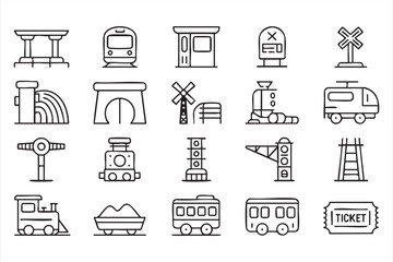 Minimal train and railroad line icons featuring station platform, tracks, tunnel and locomotive symbols © Nasima