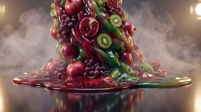 Abstract composition of melting fruits with pomegranate and kiwi slices