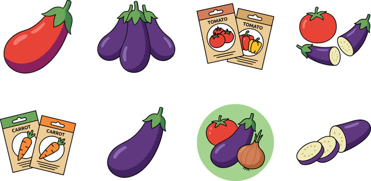 Eggplant and Vegetable Gardening Collection with Organic Farm Produce, Seed Packet Illustrations, Healthy Food Icons, and Vector Design Set