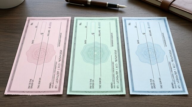 Three blank checks in pink, green, and blue arranged on a wooden desk alongside a pen.