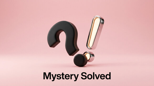 3D rendering of black question mark transforming into silver exclamation point with "Mystery Solved" text on pink background