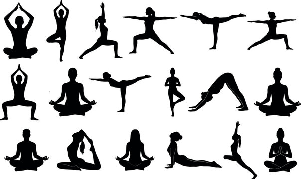 yoga poses silhouettes collection on a white background