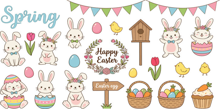 Cute Happy Easter and Spring Sticker Vector Element Set with Cartoon Bunnies Painted Eggs Chicks Flower Wreath and Baskets for Holiday Greeting Designs