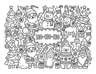 Obraz premium Christmas festive holiday doodle collection with cheerful winter characters coloring page artwork