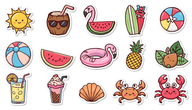 Vibrant collection of cheerful summer vacation stickers and tropical beach essentials, perfect for adding a playful touch to designs and crafts