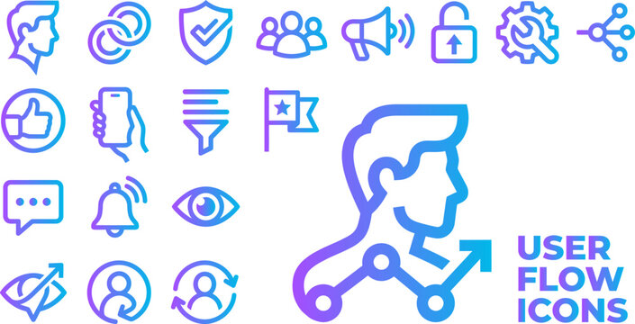 User flow icons set blue purple gradient navigation symbols isolated on white background.