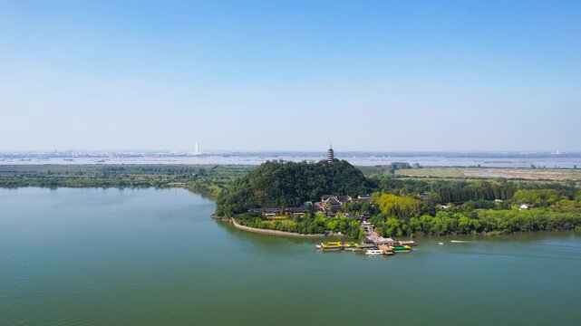 Jiaoshan Island Pagoda and Temple on the Yangtze River in Zhenjiang in Jiaoshan, Zhenjiang, Jiangsu, China