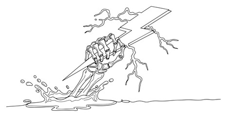 Fototapeta premium Bony skeleton hand clutching electric lightning bolt hitting water surface in line art style