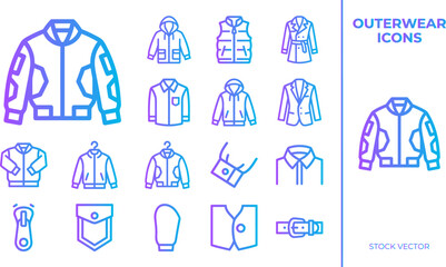 Outerwear icons gradient colorful illustration clothing jackets coats vests shirts for fashion design. © FahimBD