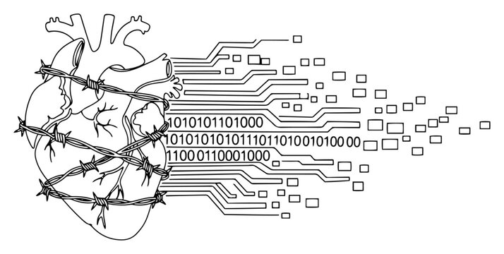 Human heart wrapped in barbed wire transforming into digital circuit lines and binary data
