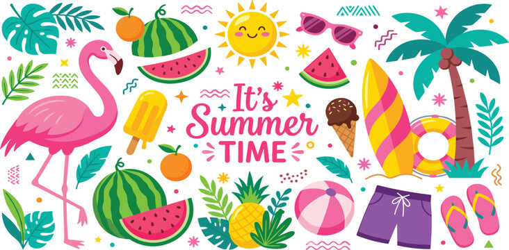 Cute Summer Time Vector Sticker Set with Flamingo Sunglasses Surfboard Palm Tree Fruits and Ice Cream for Tropical Holiday Beach Vacation Designs