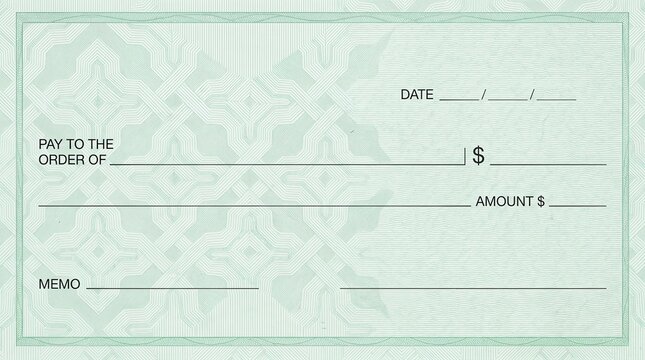 A blank check featuring a green security pattern design, ready for financial transactions.