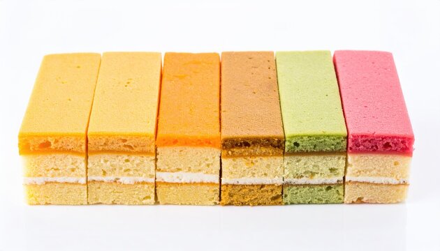 Colorful sliced cakes arranged in a row on a white background