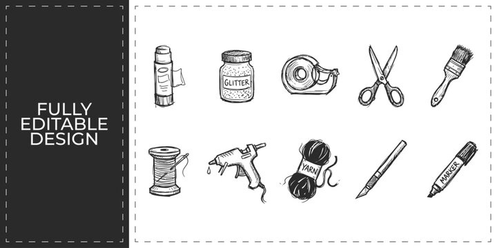 Hand drawn hardware tools and DIY equipment icons with knife saw and plier symbols flat vector illustration icon bundle set high resolution