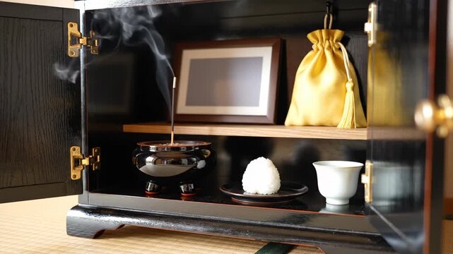 Japanese butsudan home altar open showing incense smoke, water cup, rice offering, blurred placeholder photo frame, yellow kinchaku bag, black lacquer interior, Obon ancestor memorial home altar scene