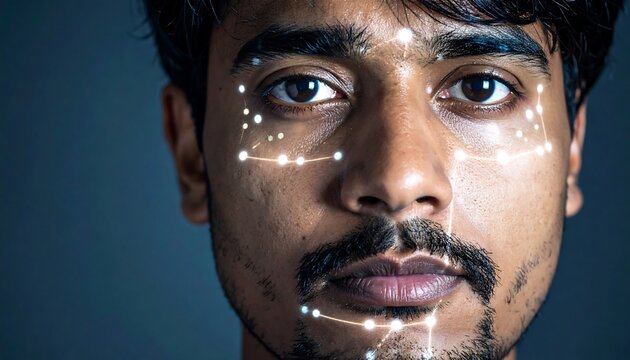 Close up of a man with facial recognition technology overlay