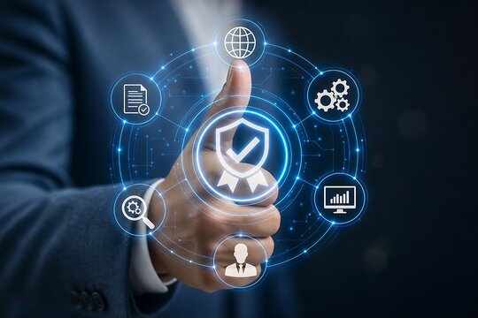 Businessman gives a thumbs-up gesture surrounded by a digital circle of icons representing quality, efficiency, and business processes