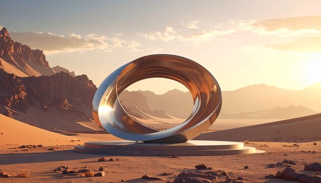 A futuristic metallic ring sculpture standing on a pedestal in a vast desert landscape under a golden sunset sky at twilight serenity.