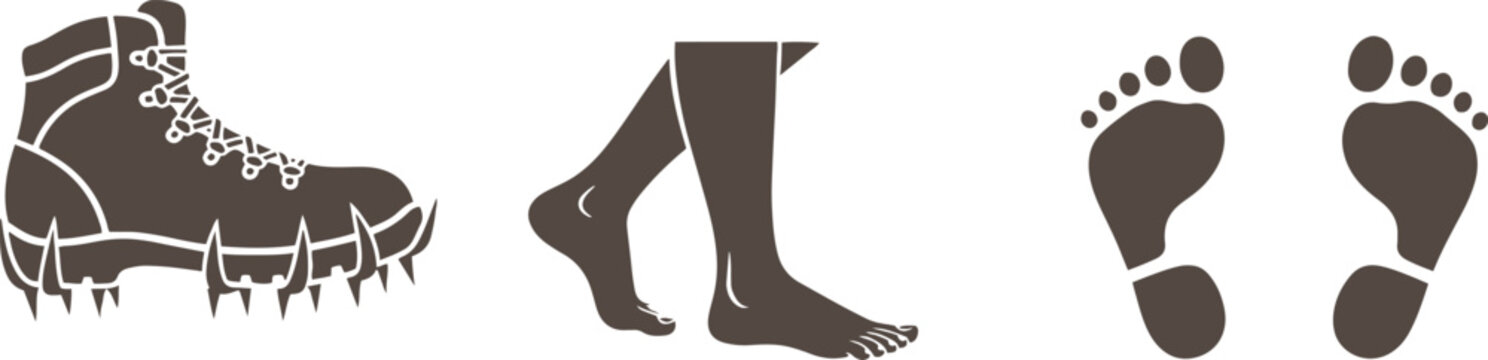 Hiking boot with ice crampons and bare human feet silhouette footprints side and top view vector illustration.