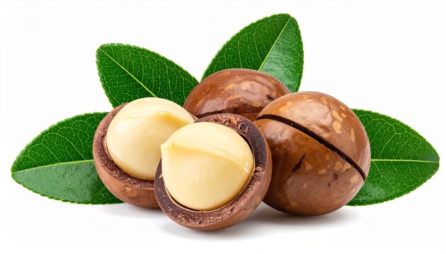 A studio photograph of organic macadamia nuts with their hard shells cracked open to reveal the creamy white kernels and green leaves.