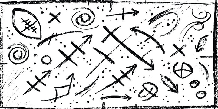 Grunge hand drawn football sport strategy tactic board with arrows and crosses vector illustration abstract doodle background.