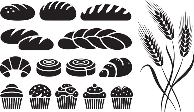 Black and white bakery breads and pastries vector set