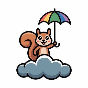 Squirrel Holding Rainbow Umbrella on Cloud