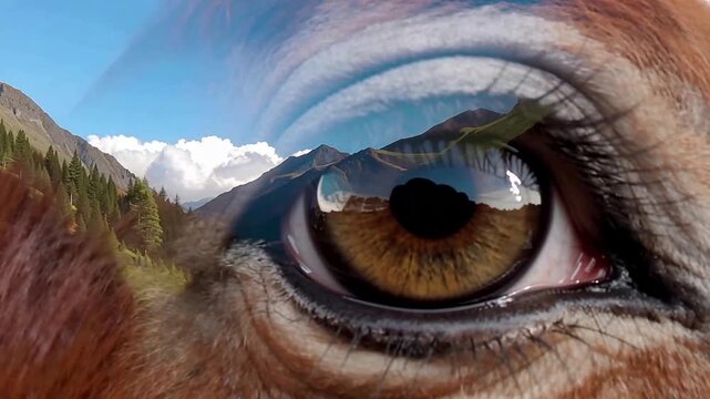 Eye Reflecting Mountain Landscape - Surreal Nature Connection Concept.
