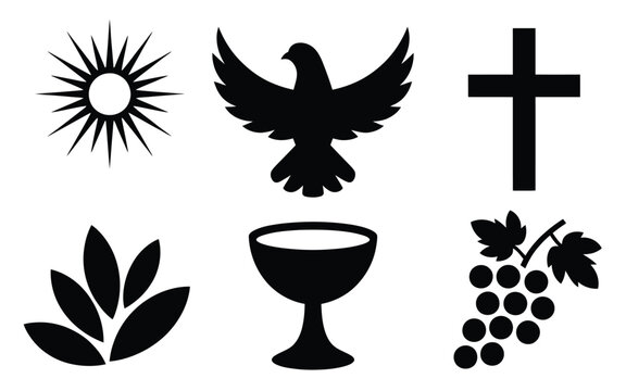 Set of black silhouette religious celebration icons including cross dove chalice sun grapevine and olive branch for spiritual faith and worship themes