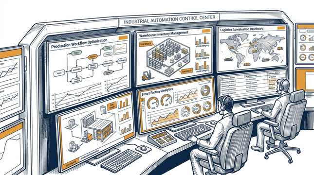 Control room with multiple monitors displaying complex diagrams and data.