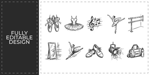 Hand drawn performing arts and ballet dance icons with shoes tutu and stage symbols flat vector illustration icon bundle set high resolution © Ashik  Khan